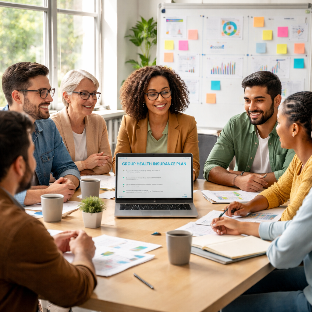 A photorealistic, real-world office scene showing a diverse nonprofit staff meeting around a conference table, reviewing a group health insurance plan on a laptop, with charts and sticky notes on a whiteboard, all lit by natural daylight.