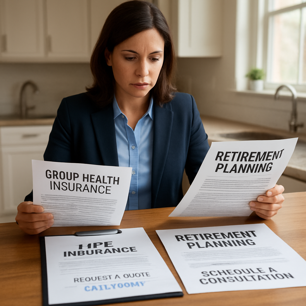 A real estate agent reviewing health, life, and retirement paperwork at a kitchen table. Alt: Group health, life insurance, and retirement planning for real estate agents.