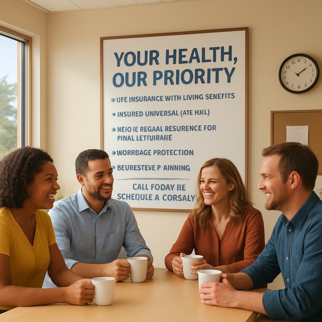 A sunny California office breakroom with a diverse group of small‑business employees chatting over coffee, a poster on the wall reads 