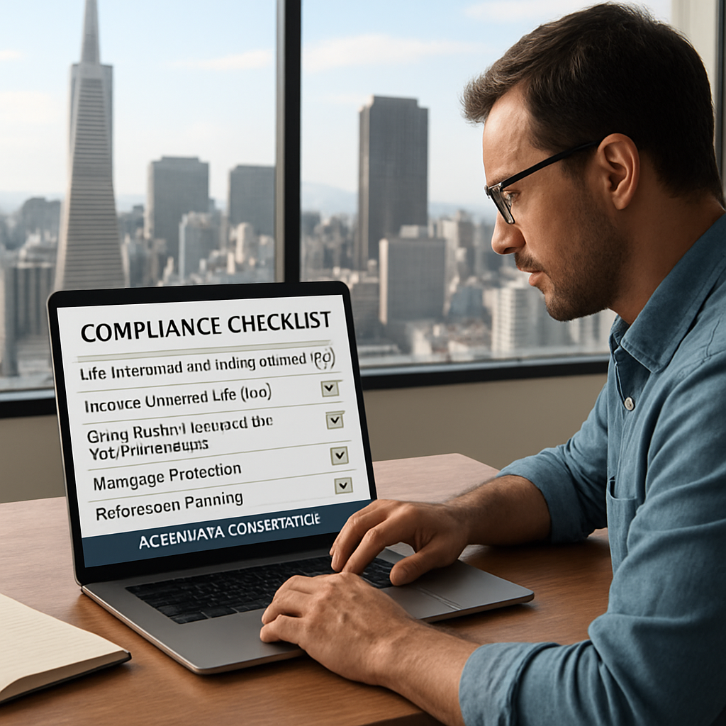 A small business owner reviewing a compliance checklist on a laptop, with a California skyline visible through the window. Alt: group health insurance for small business California legal compliance and tax benefits.