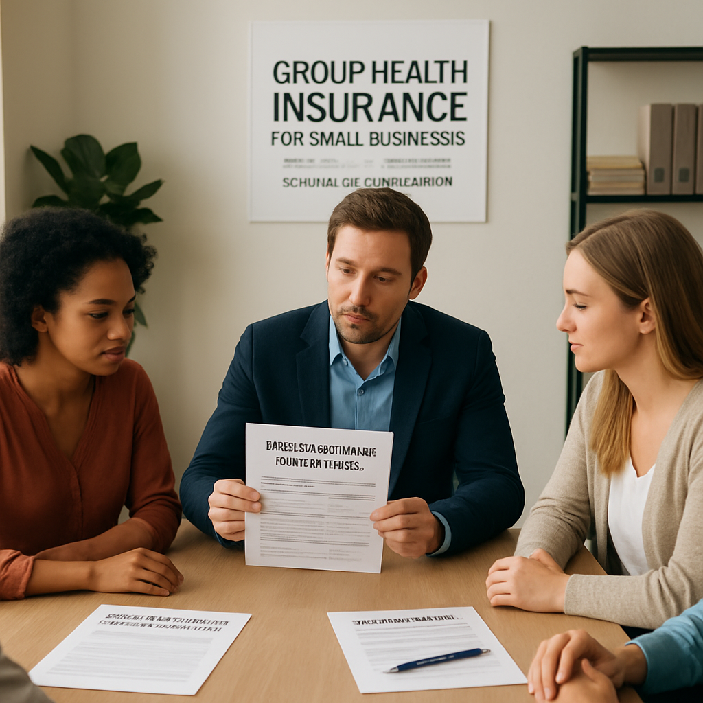 A small business owner reviewing health insurance enrollment forms with employees gathered around a table. Alt: group health insurance assessment for small business owners.