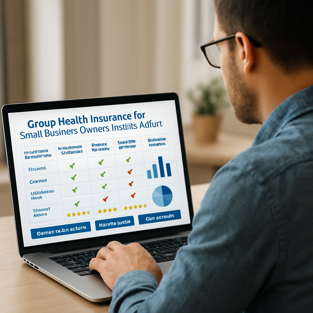 A small business owner reviewing a comparison table on a laptop, with charts of health plan features and provider ratings displayed. Alt: group health insurance for small business owners evaluation chart.