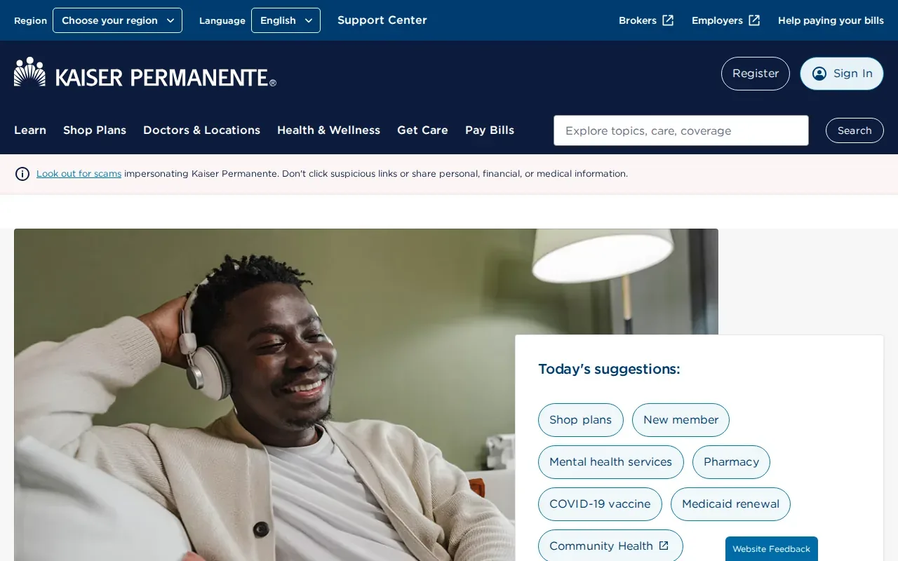 Screenshot of the Kaiser Permanente website