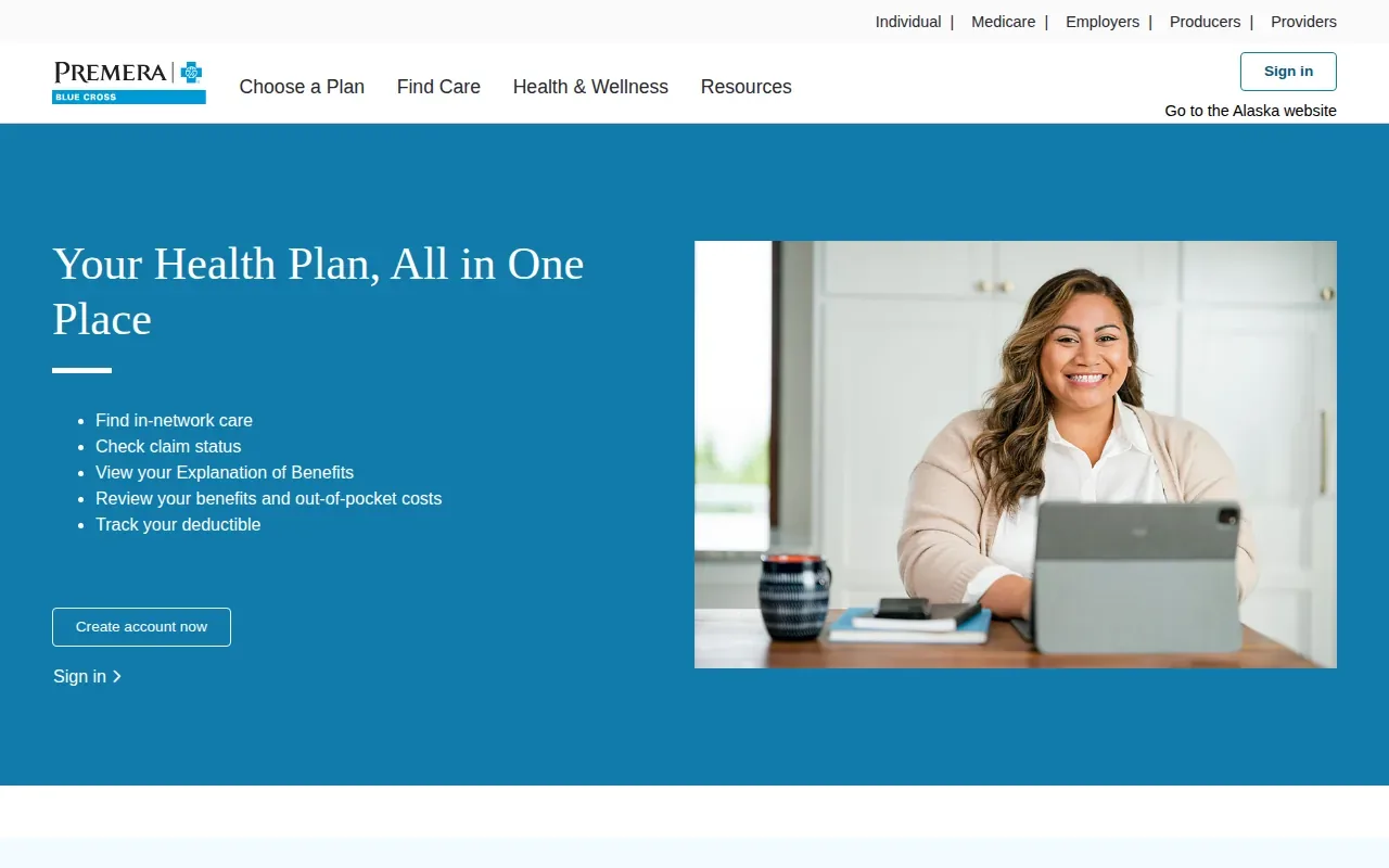 Screenshot of the Premera Blue Cross website
