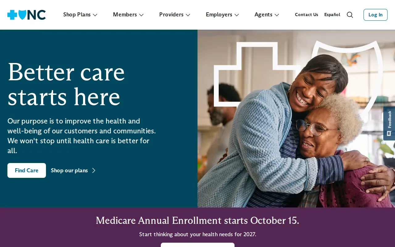 Screenshot of the Blue Cross NC (by Blue Cross and Blue Shield of North Carolina) website