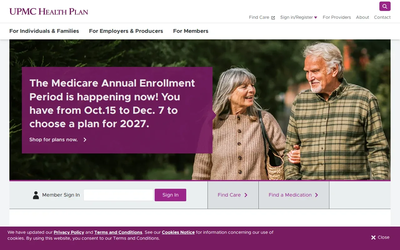Screenshot of the UPMC Health Plan website