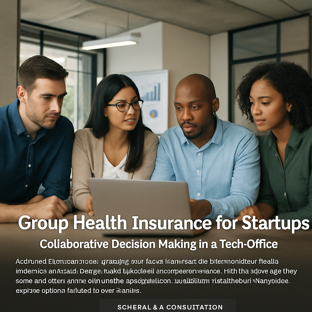 A modern startup office with diverse team members gathered around a laptop, discussing health insurance options. Alt: Group health insurance for startups – collaborative decision making in a tech office.