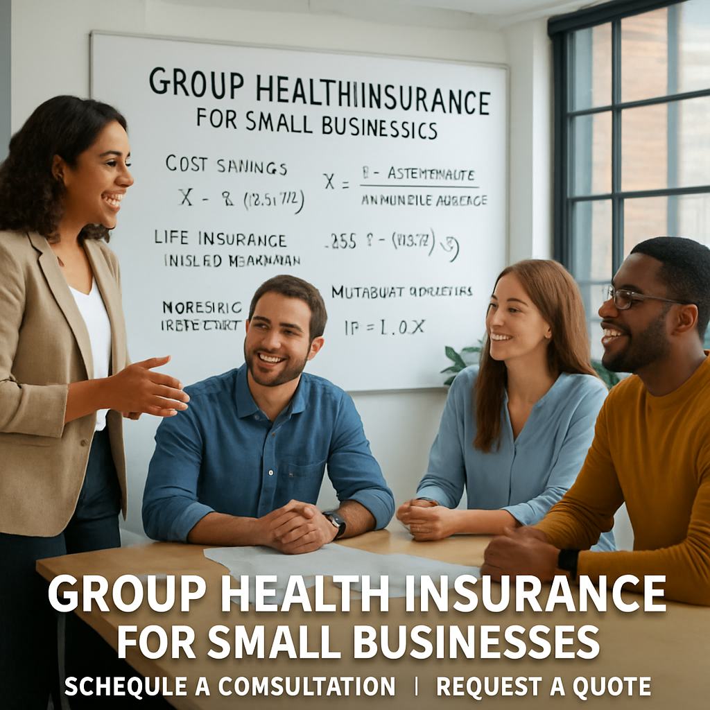 A modern startup office with a whiteboard showing cost‑saving equations and a happy team discussing health benefits. Alt: group health insurance cost management strategies for startups
