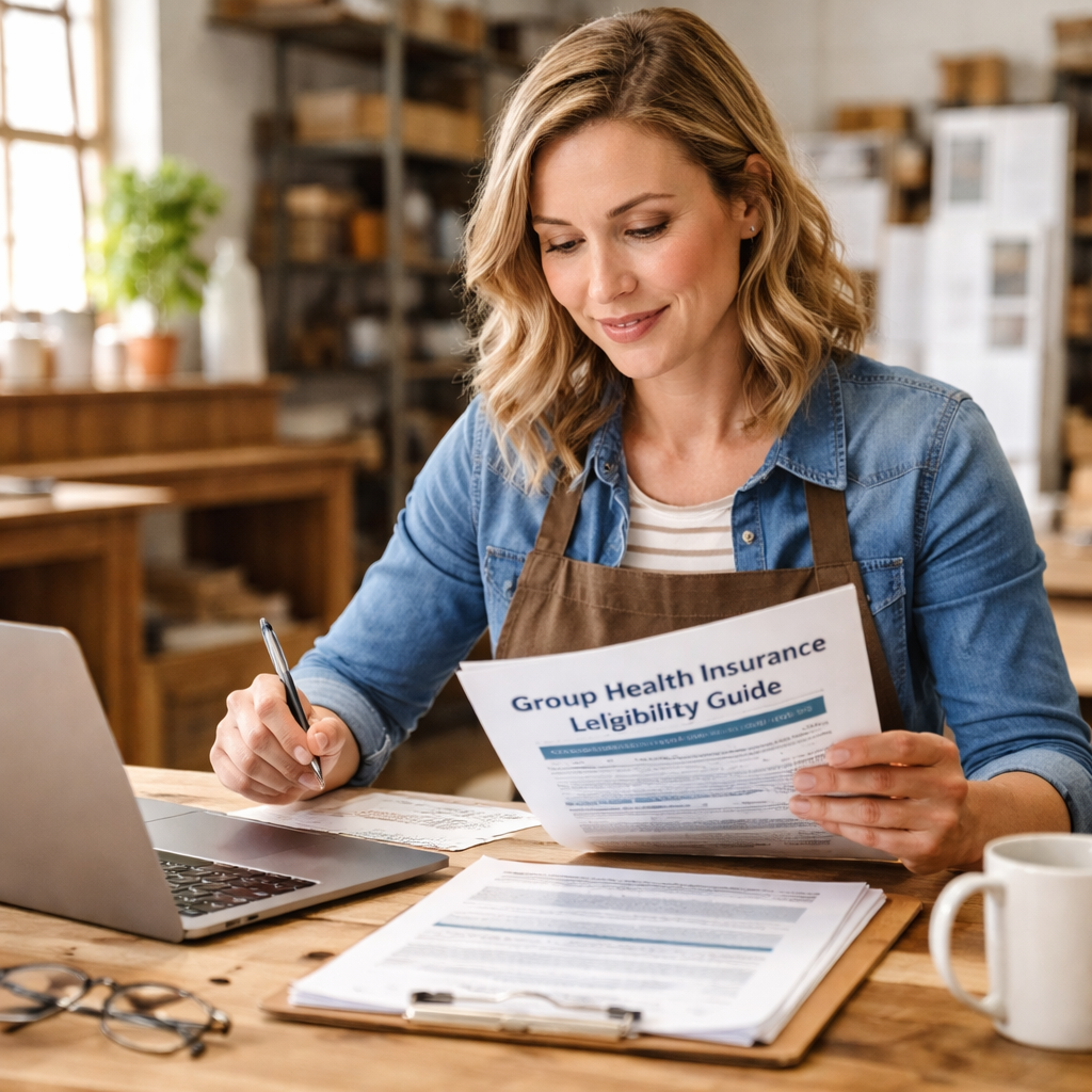 A realistic photo of a small business owner reviewing group health insurance eligibility documents with a laptop and paperwork. Alt: group health insurance participation requirements guide for freelancers and small business owners.