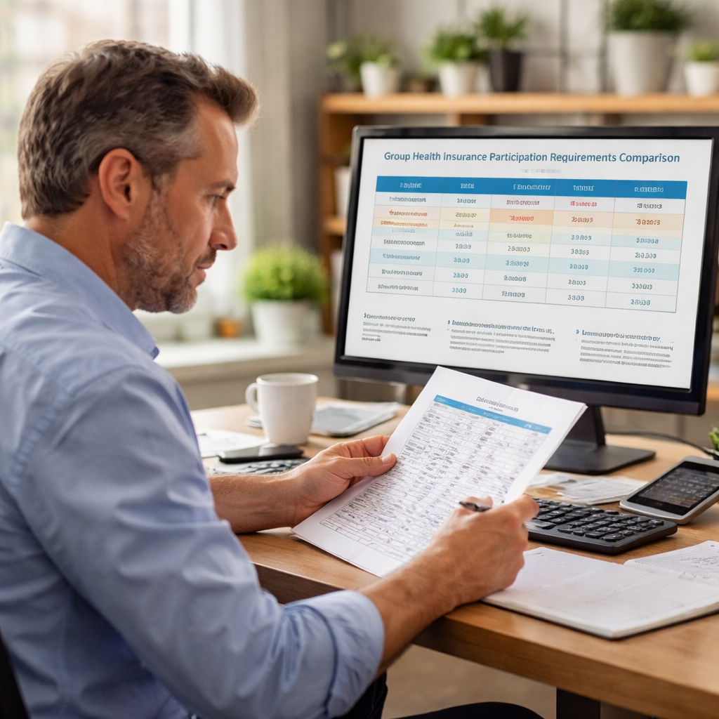 A photorealistic scene of a small business owner reviewing a spreadsheet of employee hours and participation percentages, with a calm office background. Alt: group health insurance participation requirements comparison chart on screen.