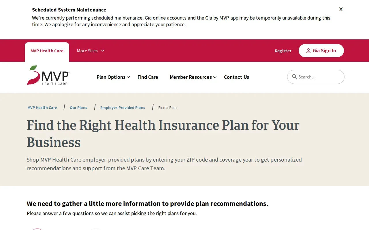 Screenshot of the MVP Health Care website