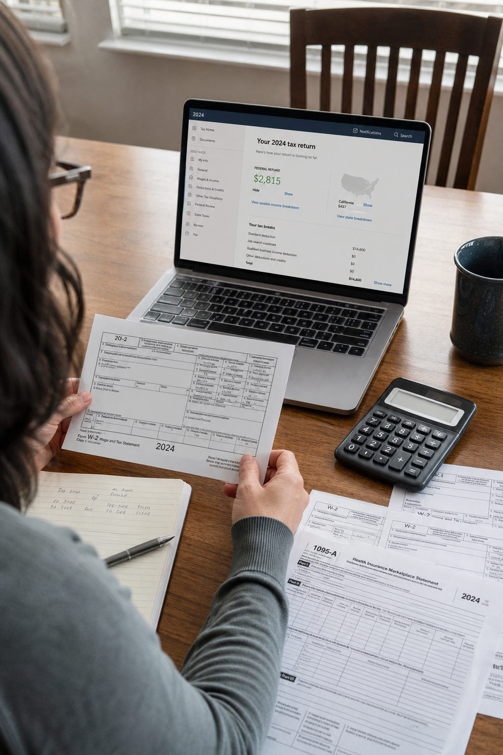 A photorealistic image of a person sitting at a desk with a laptop open to a tax return, a calculator nearby, and documents like W-2s and 1095-A spread out. Alt: Gather tax documents and financial info for group health insurance tax credit calculator input.