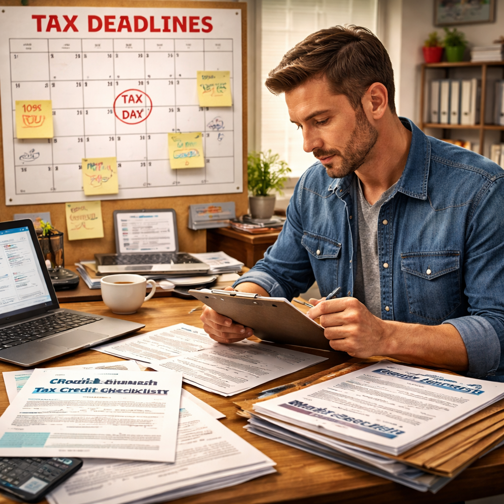 A realistic office scene showing a small business owner reviewing compliance documents and a calendar marked with tax deadlines. Alt: group health insurance tax credit eligibility small business compliance review.