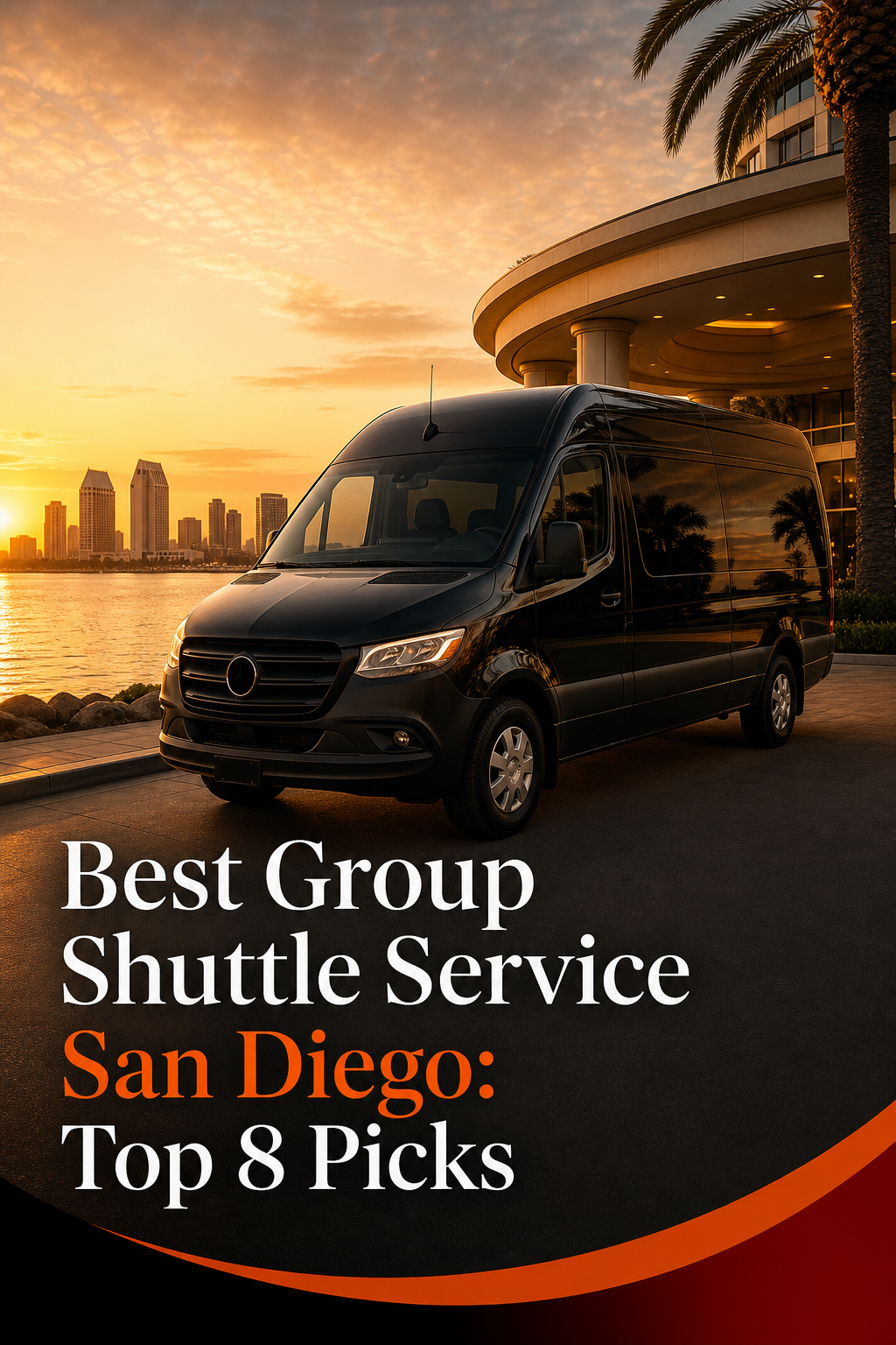 A cinematic shot of a sleek black Mercedes Sprinter van parked outside a San Diego waterfront hotel at golden hour, warm orange light reflecting off the bay. Alt: Luxury group shuttle service San Diego Mercedes Sprinter van.