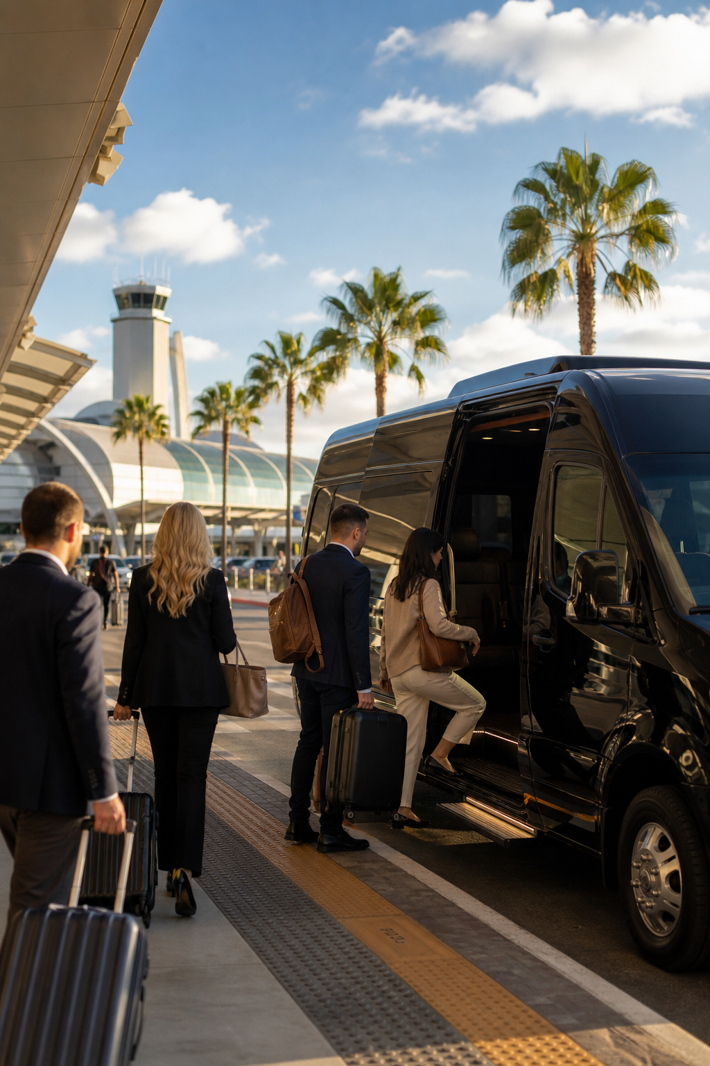 A cinematic wide shot of travelers with luggage boarding a shuttle van at a busy airport curb, San Diego palm trees and bright sky in the background. Alt: Airport group shuttle service San Diego International SAN pickup.