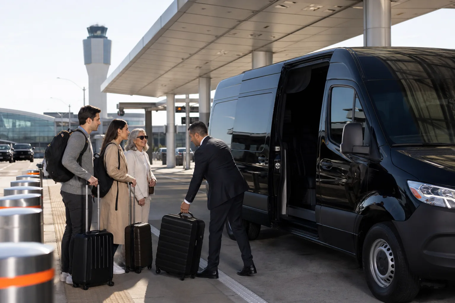 Chauffeur coordinating a private group van pickup at JFK Airport.