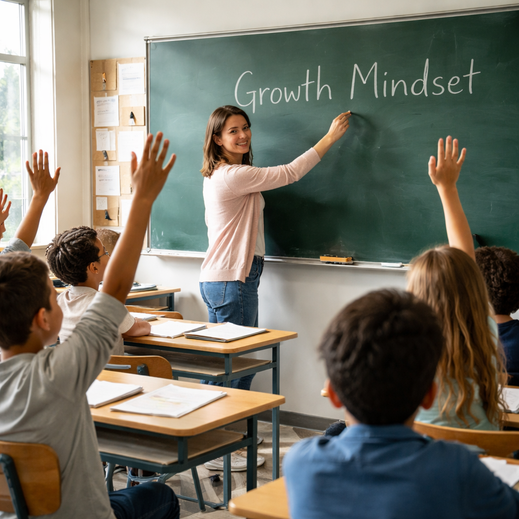A realistic classroom scene where a teacher writes 