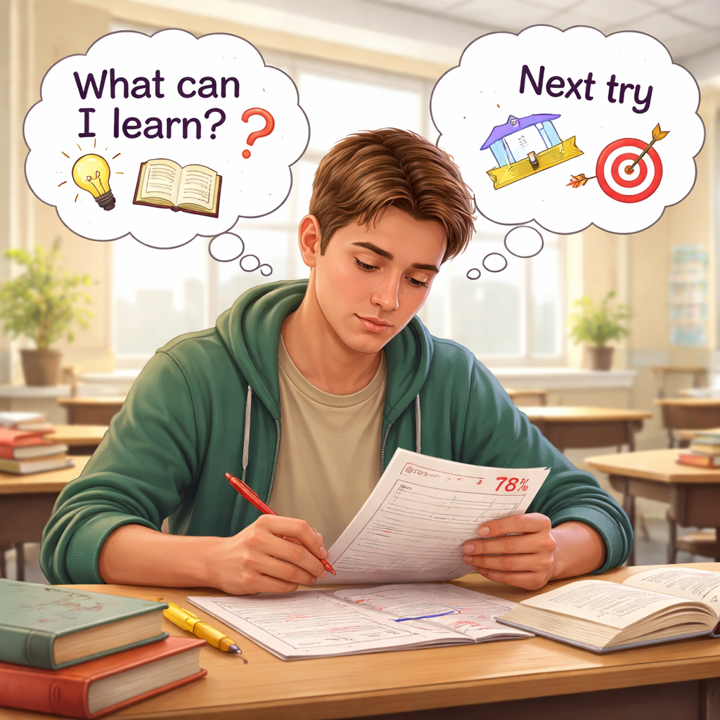 A realistic illustration of a student reviewing a test, with thought bubbles showing “What can I learn?” and “Next try”, alt: growth mindset learning illustration