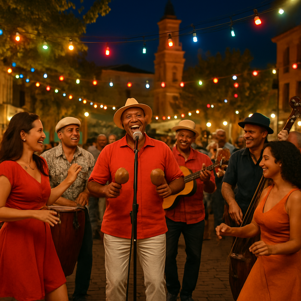 A vibrant outdoor party scene with a Cuban salsa band playing, colorful lights, and guests dancing joyfully. Alt: grupo musical para fiestas estilo salsa cubana en una fiesta al aire libre.