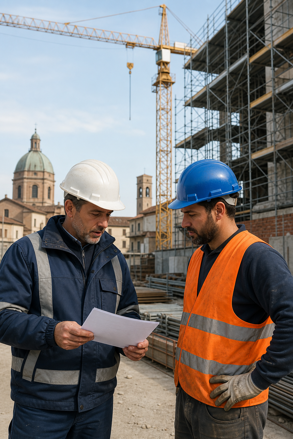 Un tecnico della sicurezza in un cantiere edile ad Alessandria controlla un documento mentre parla con un operaio. Sfondo con gru e impalcature. Alt: Processo di certificazione ISO 45001 in un cantiere edile ad Alessandria