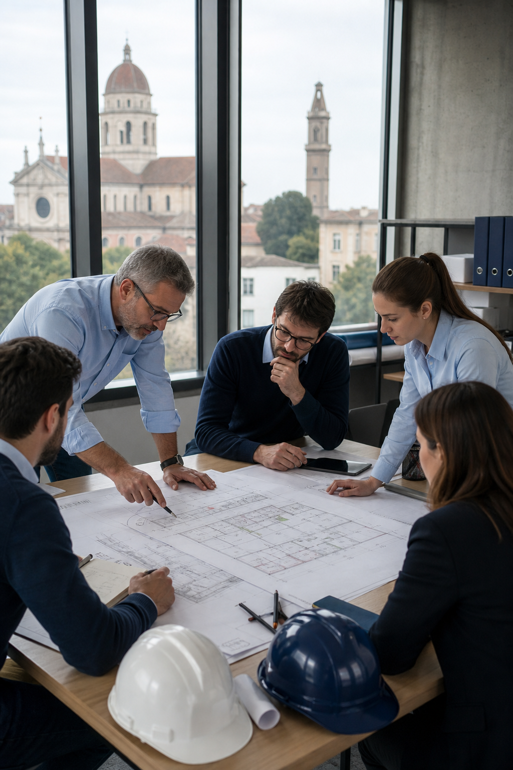 Una riunione in un ufficio di Alessandria con ingegneri e geometri che discutono una planimetria di sicurezza. Alt: Vantaggi della certificazione ISO 45001 per le aziende della provincia di Alessandria