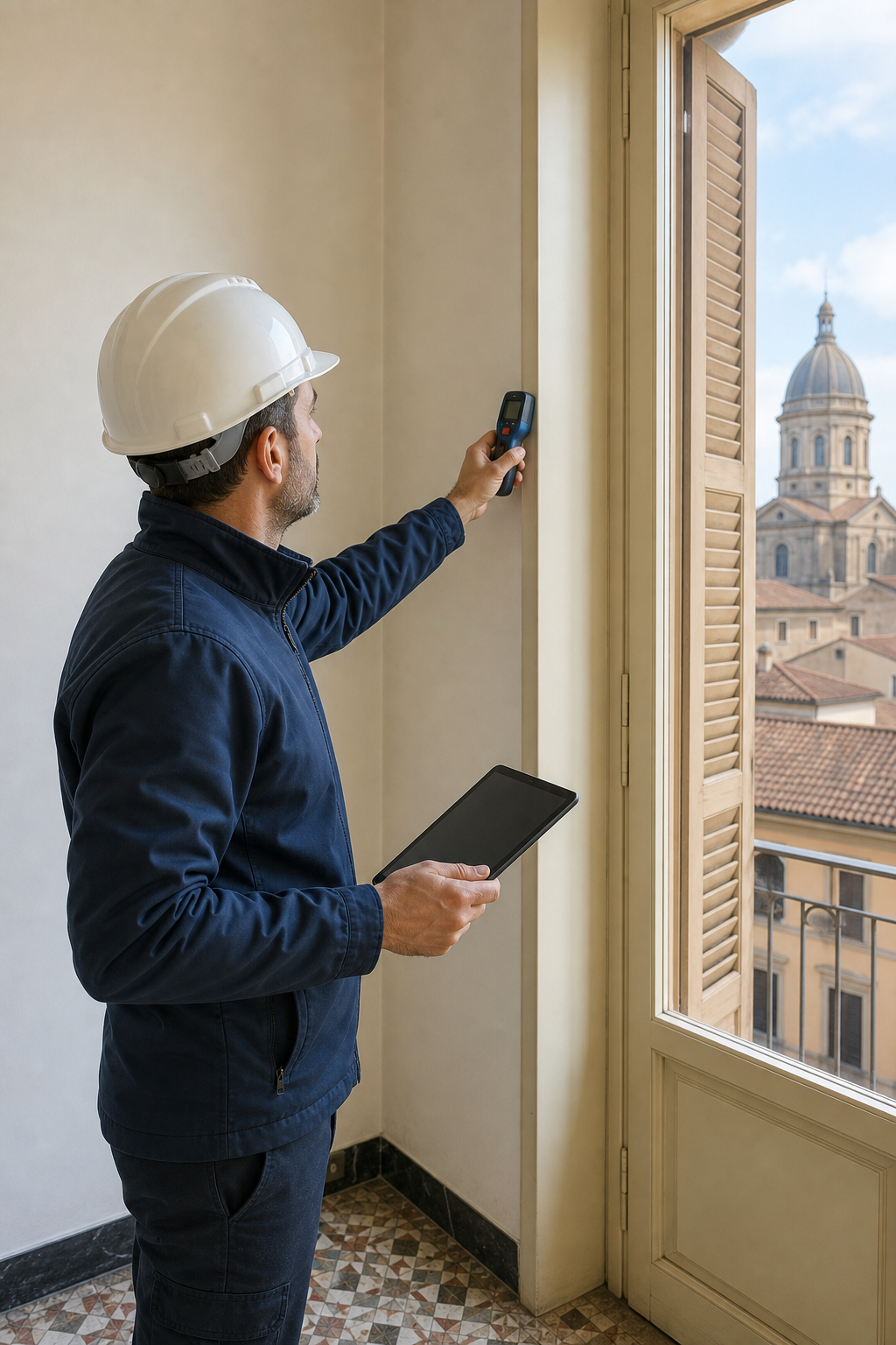 Un tecnico con casco e tablet fa un sopralluogo in un appartamento di Alessandria, misurando pareti e infissi con un termometro laser. Alt: Sopralluogo per APE ad Alessandria.