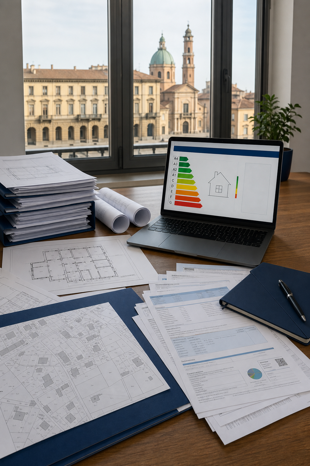 Una scrivania con documenti catastali, planimetrie, bollette e un computer portatile che mostra un software APE. Alt: Documenti necessari per APE ad Alessandria.