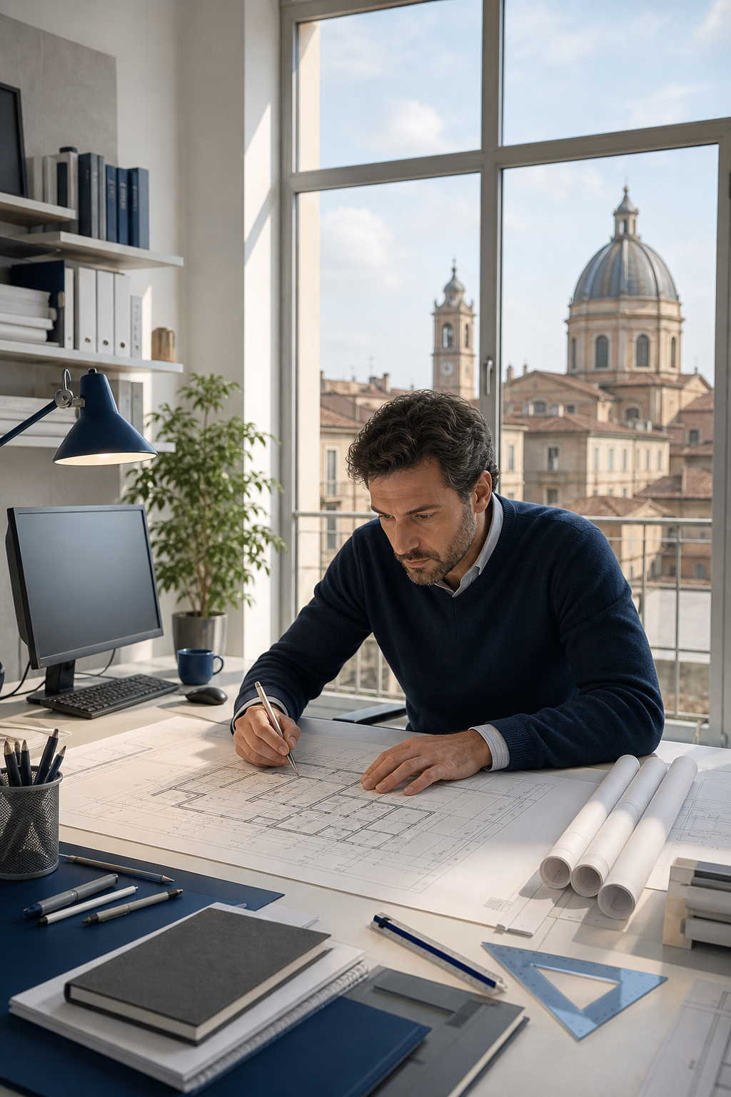 Un professionista di uno studio tecnico esamina progetti edilizi su un tavolo, con strumenti da disegno e computer, in un ambiente luminoso e ordinato. Alt: Studio tecnico Alessandria , progettazione edilizia