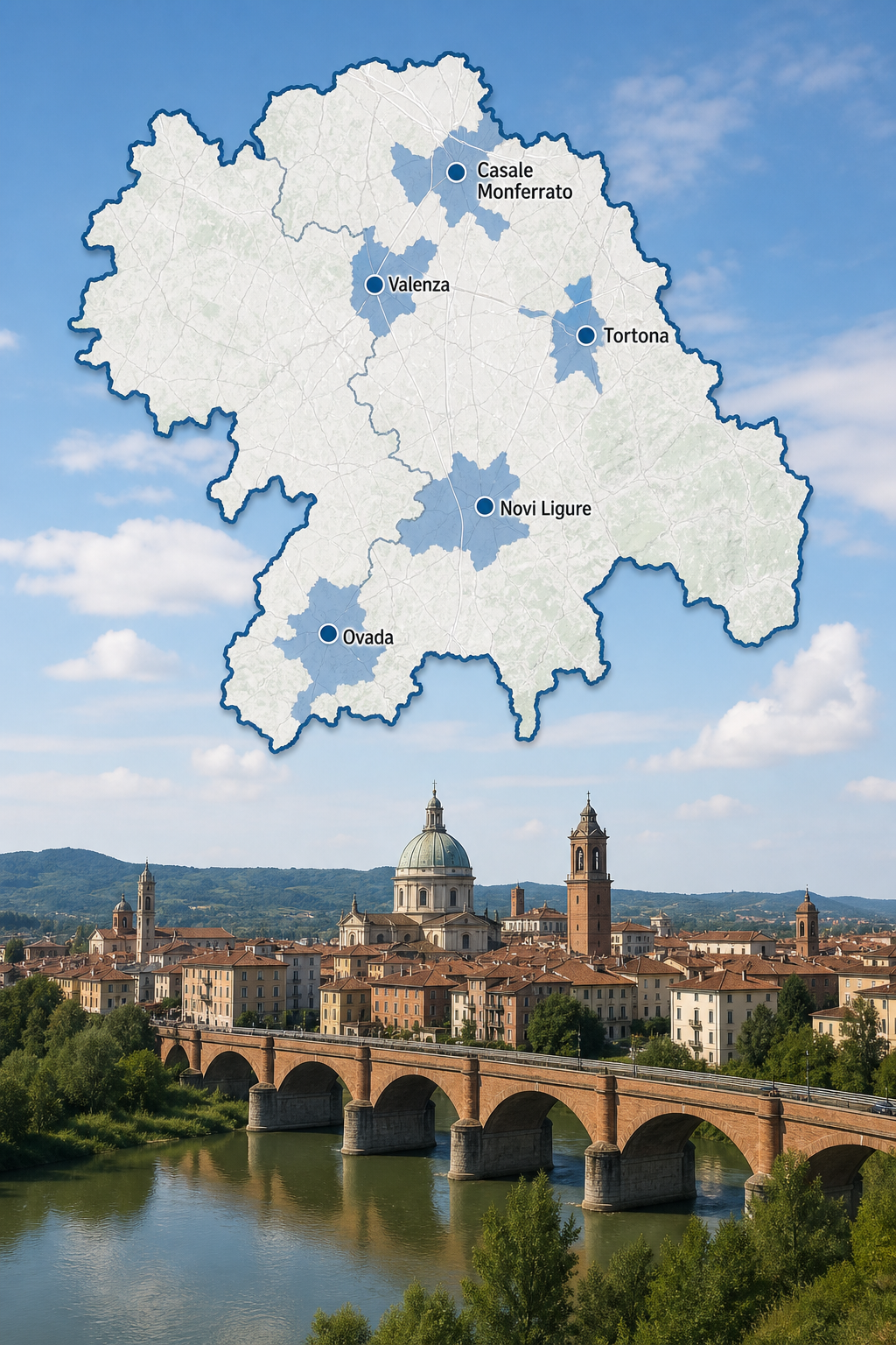 Mappa della provincia di Alessandria con evidenziati i principali comuni: Casale Monferrato, Tortona, Novi Ligure, Valenza, Ovada. Alt: Provincia di Alessandria , zone servite da studio tecnico