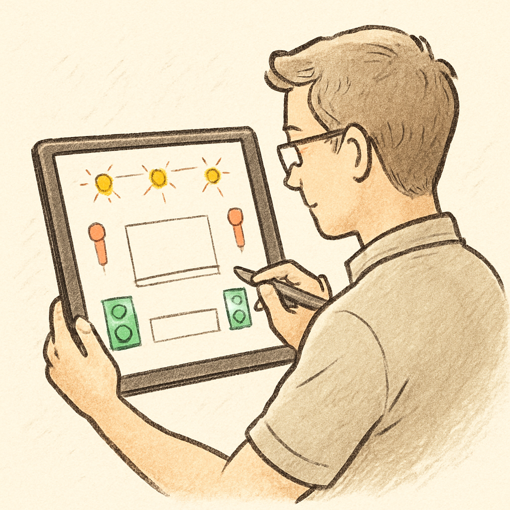 Un technicien debout devant un écran de tablette, dessinant un plan de scène 2D avec des icônes colorées représentant des micros, des enceintes et des points de lumière. Alt: plan de scène 2D sur application mobile