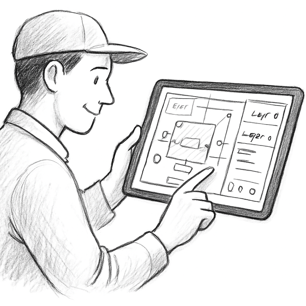 Technicien ajustant le plan de scène sur tablette, montrant les calques et annotations finales. Alt: optimisation du plan de scène 2D sur mobile