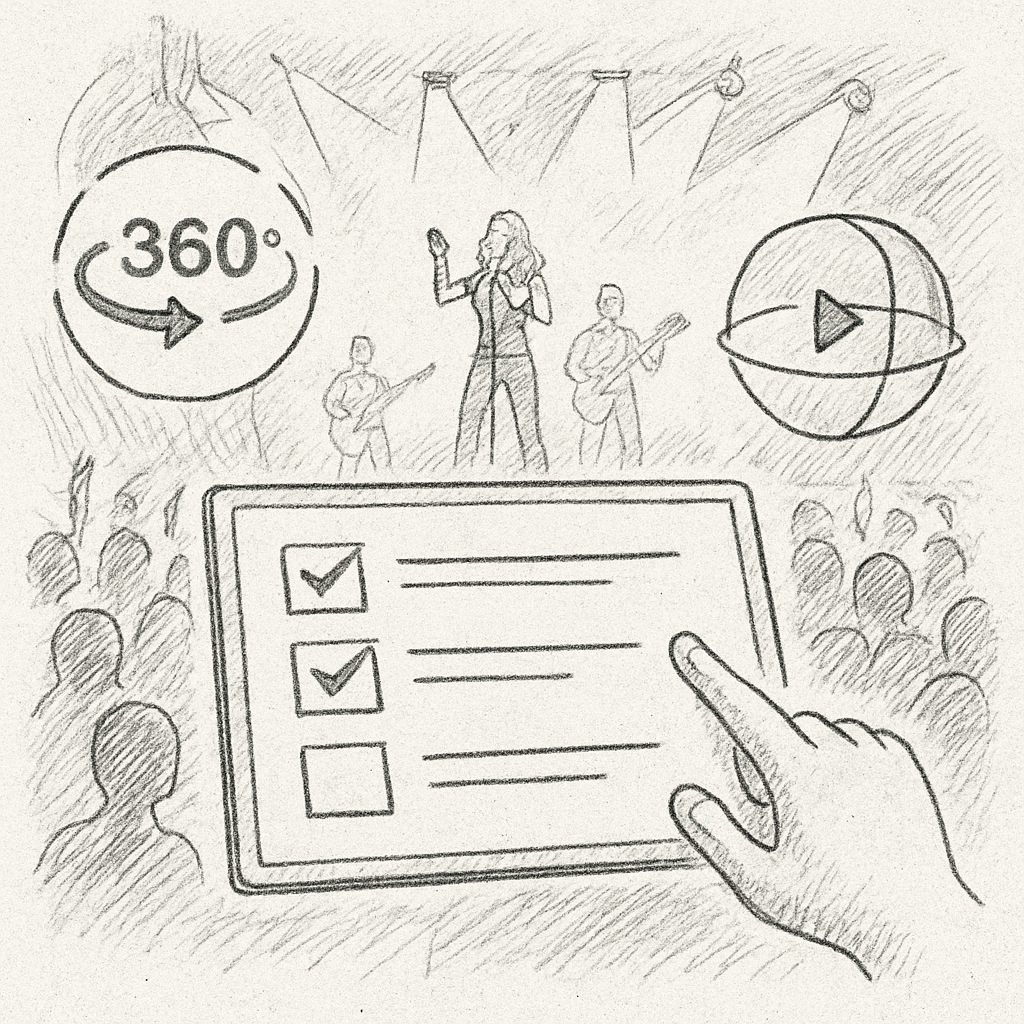 Une scène de concert avec superposition d’un plan 2D, des points de vue 360° et une checklist digitale. Alt: logiciel réservation salle workflow illustré