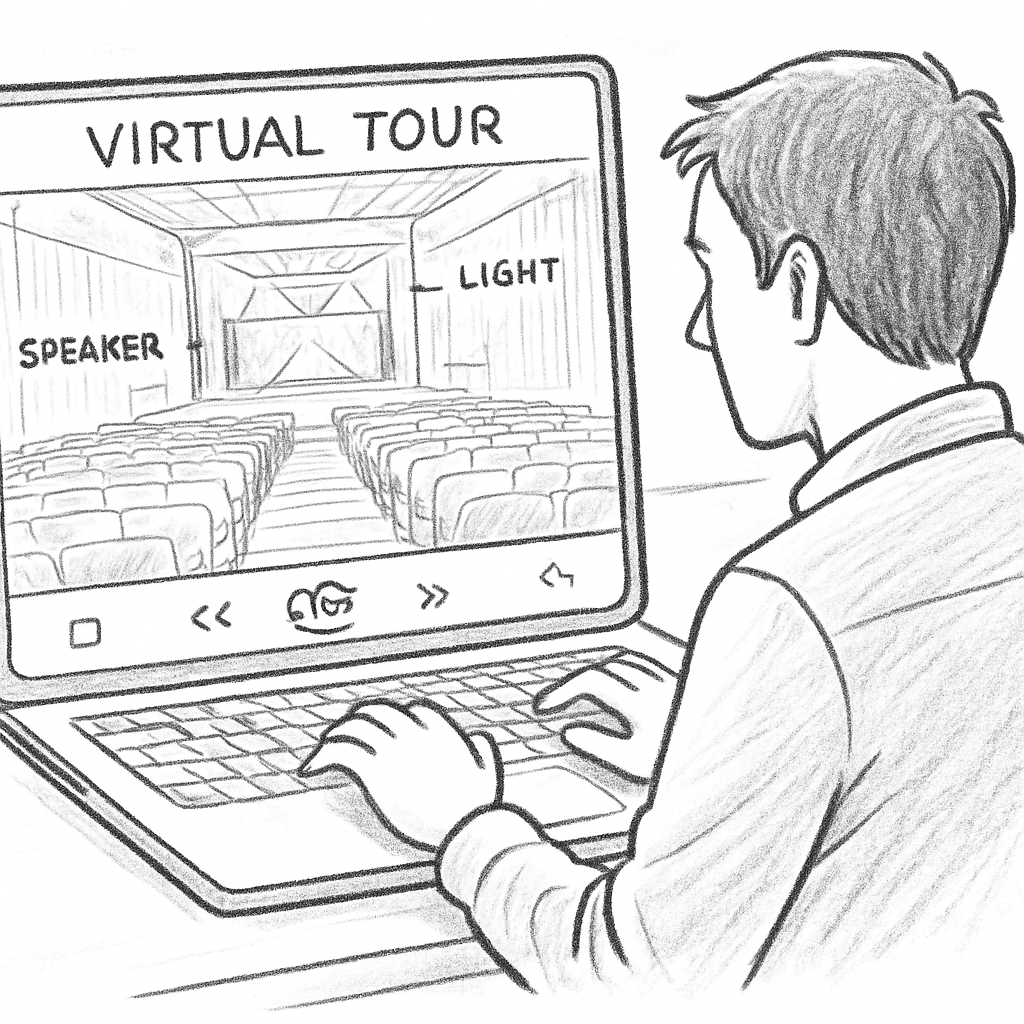 Un technicien utilisant un ordinateur portable pour explorer une salle de concert en 3D via une visite virtuelle, montrant l'interface du logiciel avec des annotations sur les repères techniques. Alt: logiciel visite virtuelle 360 gratuit pour salle de concert