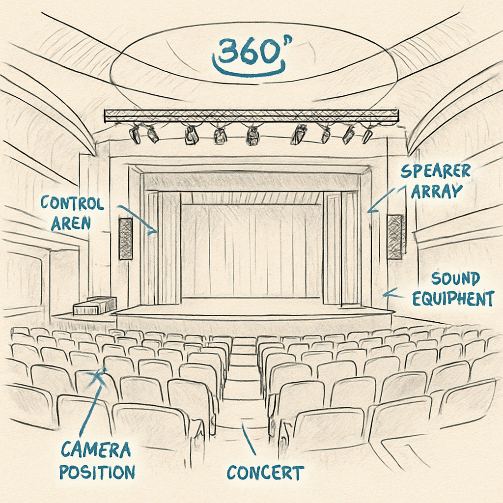 A vibrant 360-degree virtual tour of a concert hall with annotated technical points, showing stage, lighting rigs, and equipment zones. Alt: logiciel visite virtuelle 360 gratuit immersion dans salle de spectacle