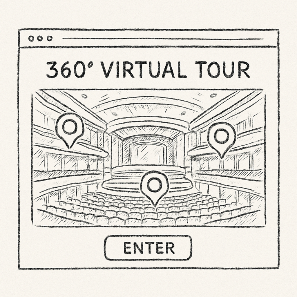 A screenshot of a concert hall embedded on a website, showing a 360° virtual tour with interactive hotspots. Alt: logiciel visite virtuelle intégré à un site web, améliore l’engagement et le SEO