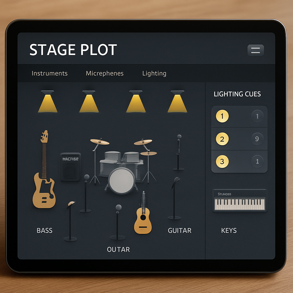 A modern interactive stage plot interface displayed on a tablet, showing instruments, microphones and lighting cues. Alt: plan de scène en ligne interactif sur tablette