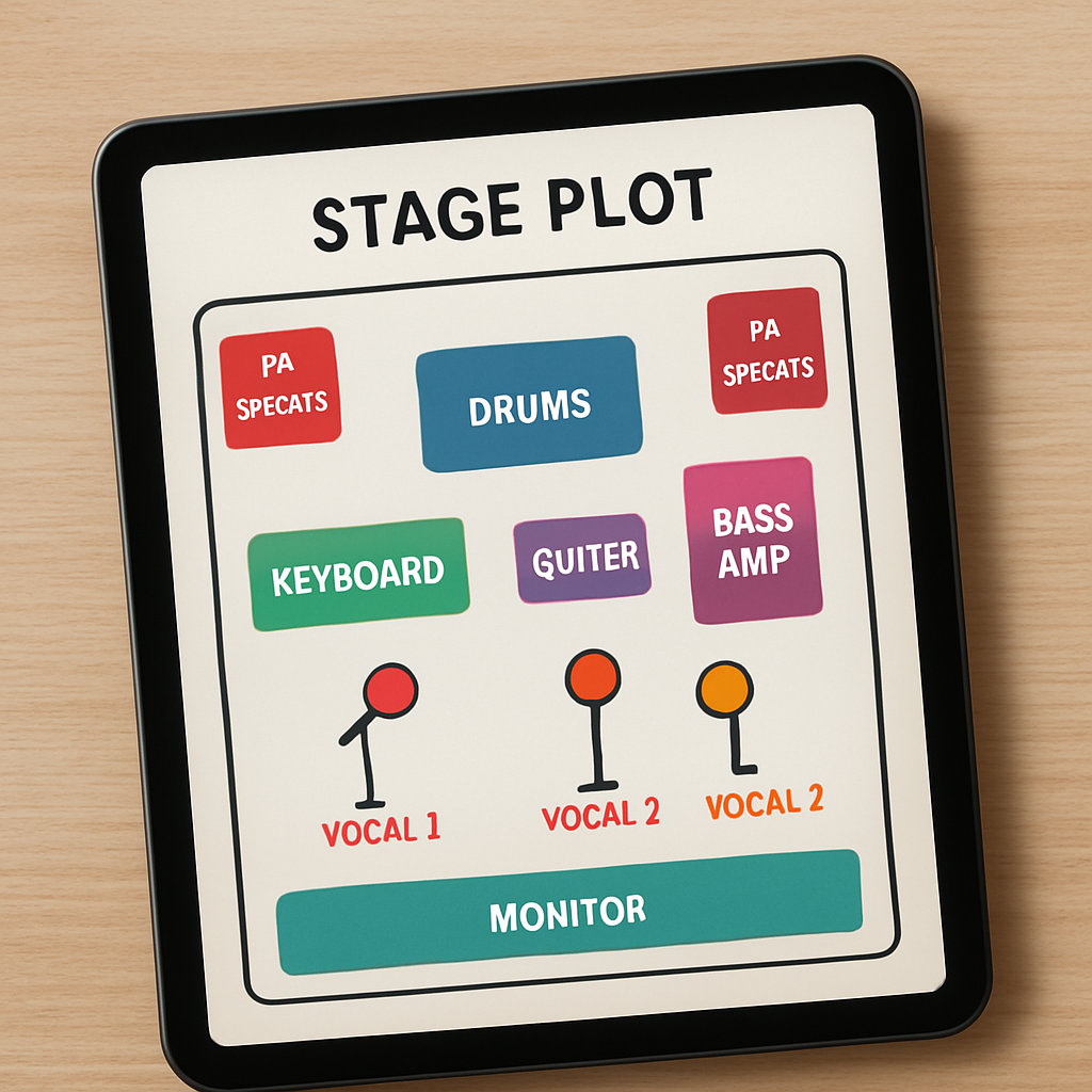 A stylized stage plot on a tablet, showing custom color coding and layout options. Alt: plan de scène en ligne personnalisé design et mise en page