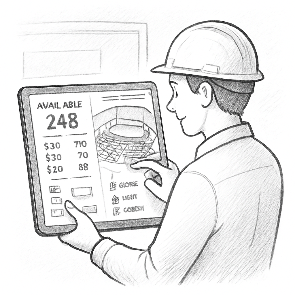 A technician using a tablet to view a 3D venue plan with integrated ticket sales data, showing real‑time seat availability and equipment placement. Alt: Venue management software integration with ticketing and CRM tools.
