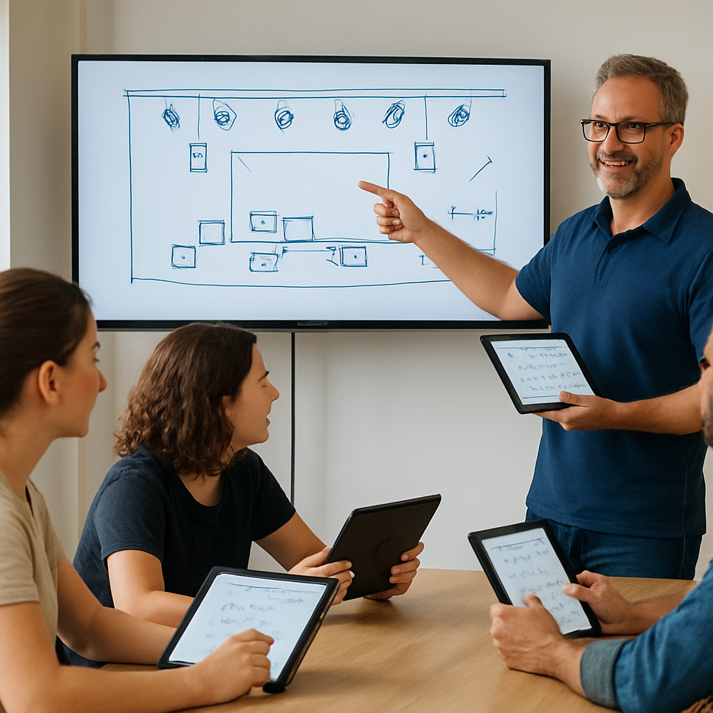 A technician leading a hands‑on workshop with tablets, showing a live stage plot annotation and a group of crew members following the steps. Alt: formation workflow communication techniciens spectacle