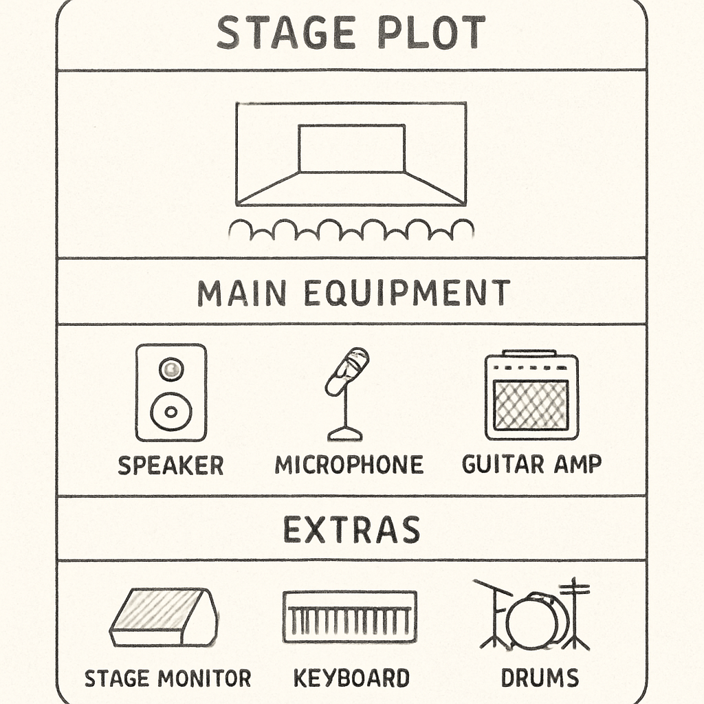 A stage plot interface showing layered sections (structure, main equipment, extras) with annotations and icons. Alt: Diagramme d’un plan de scène interactif en ligne avec objectifs clairement définis.