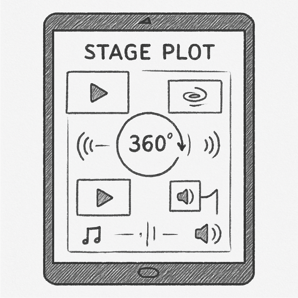 An interactive stage plot on a tablet showing embedded video thumbnails, audio icons, and 360° panorama hotspots. Alt: plan de scène interactif avec médias intégrés