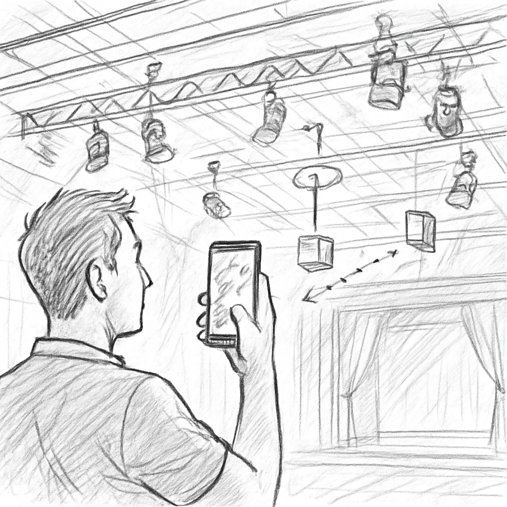 Un technicien avec un smartphone pointé vers le plafond d’une salle de concert, affichant des annotations 3D sur les prises et les luminaires. Alt: repérage technique mobile salle de concert