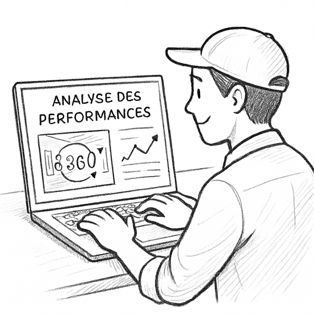 A technician reviewing analytics on a laptop, with a 360° virtual tour thumbnail visible. Alt: Analyse des performances de visite virtuelle 360