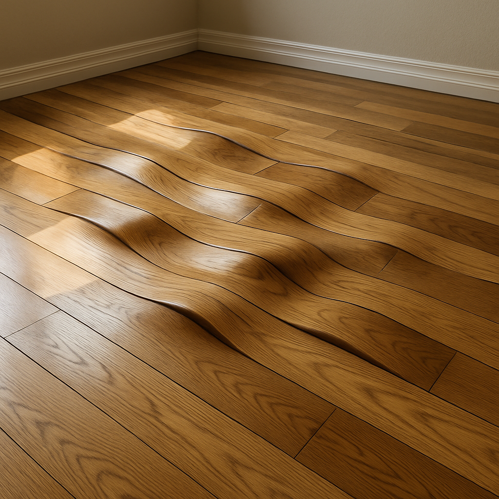 Un plancher de bois franc avec des ondulations visibles sous la lumière naturelle. Alt: Réparation plancher bois franc gondolé avec déformations visibles sur les lames en bois.