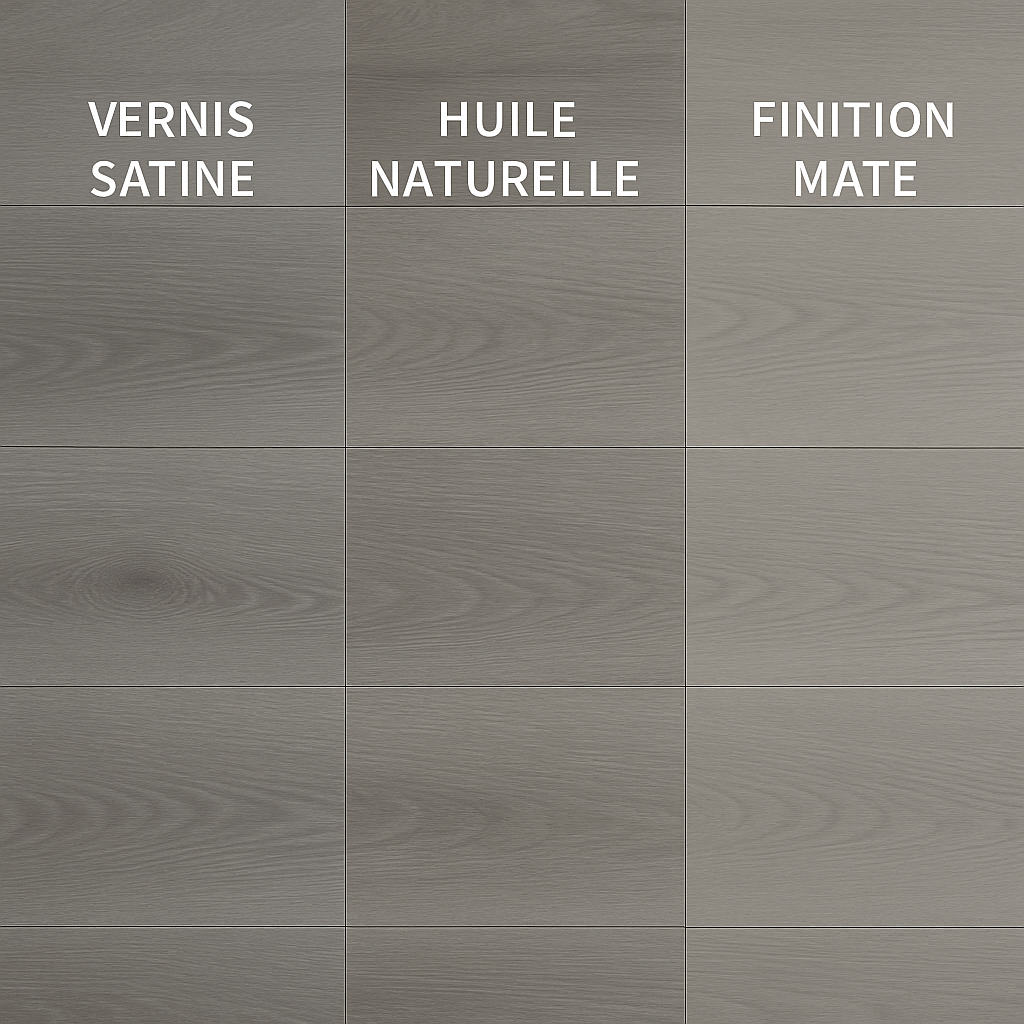 Un parquet en bois gris moderne fini avec différentes options : vernis satiné, huile naturelle et finition mate. Alt: Teindre un plancher en gris moderne avec finition vernis, huile ou mate pour un rendu moderne et protégé.