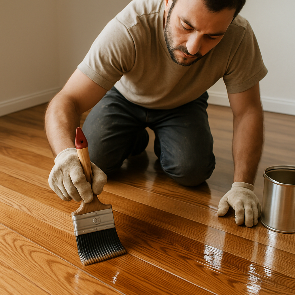 Un artisan appliquant un vernis brillant sur un plancher de bois franc, capturant l'éclat et la texture naturelle du bois. Alt: Vernis pour planchers bois franc brillant et durable.
