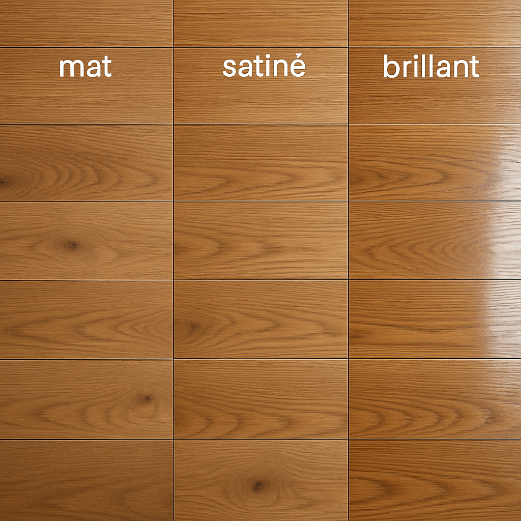 Un plancher en bois massif montrant trois sections distinctes avec finitions mates, satinées et brillantes. Alt: Comparaison des finitions satinées, mates et brillantes sur un plancher de bois franc.