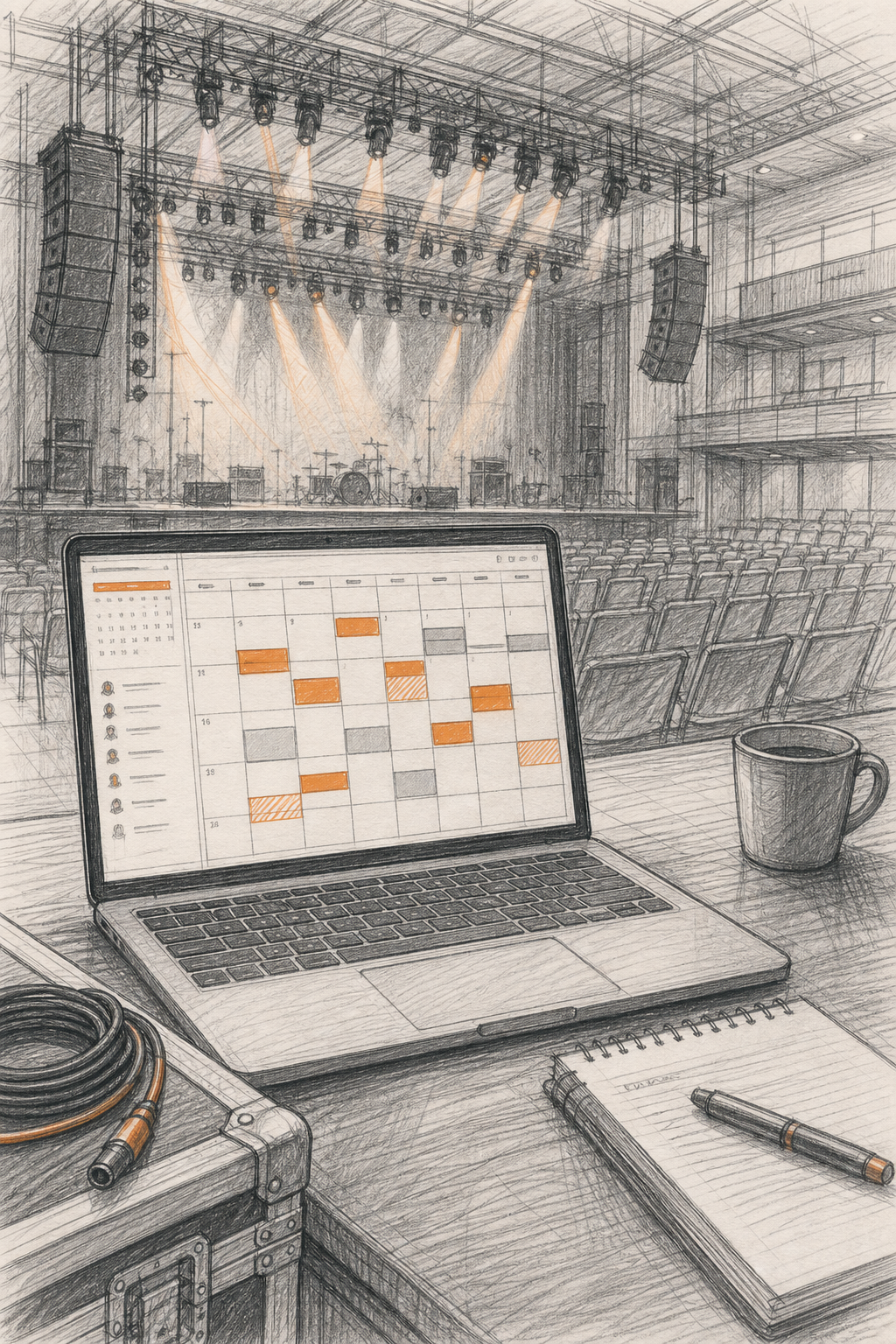 Guide location technicien lumière salle de concert 1 Sketch of a concert hall with a digital calendar interface showing technician availability slots. Alt: Calendrier de réservation de technicien lumière dans une salle de concert.