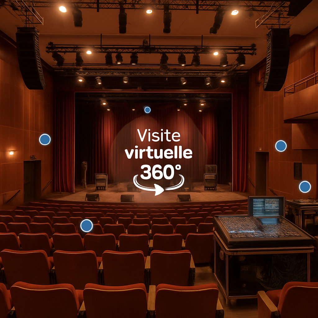 A concert hall with a 360° virtual tour overlay showing hotspots and equipment layout. Alt: visite virtuelle 360 de salle de concert