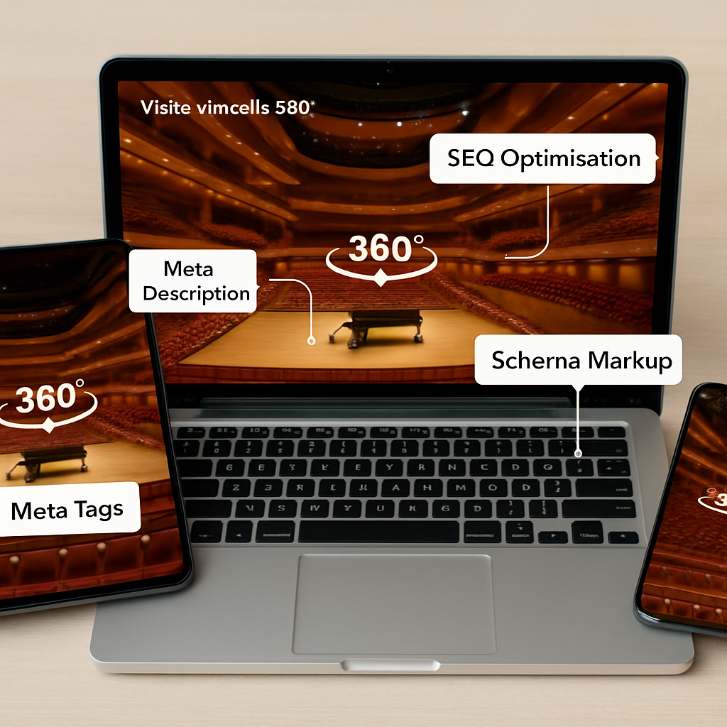 An immersive 360° virtual tour of a concert hall displayed on a laptop, tablet, and smartphone, highlighting SEO metadata and schema markup overlay. Alt: visite virtuelle 360 SEO optimisation for concert venues